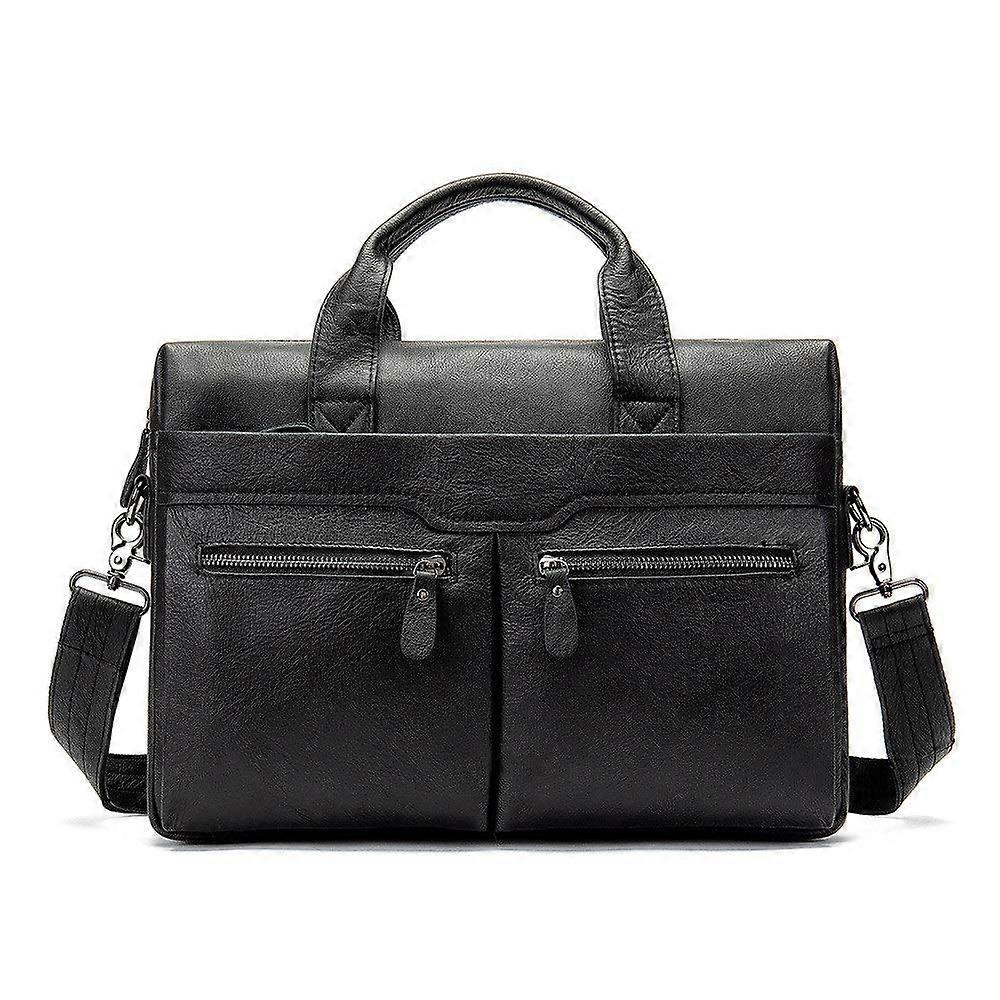 Laptop Bag For Men Leather Expandable Briefcase 14 Inch Black Messenger Bag Business Handbag Size 37.5x8.5x29 cm