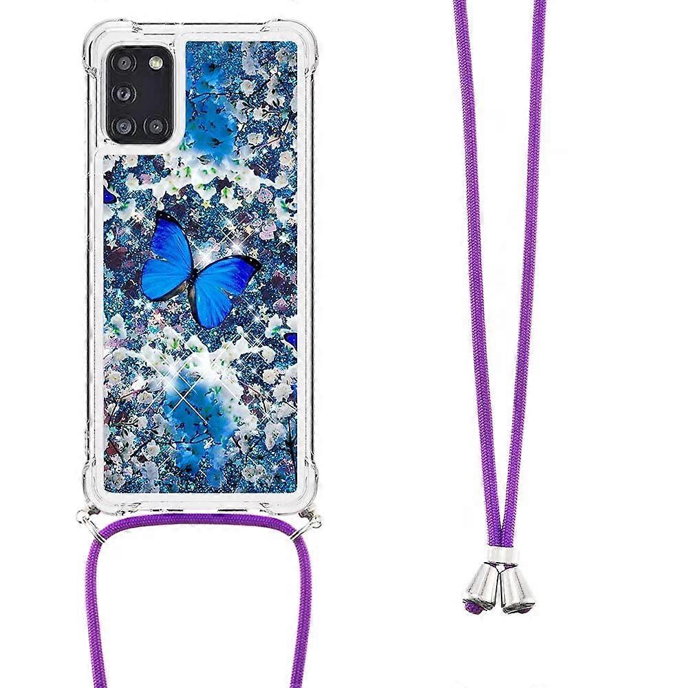 Mobile Phone Case for Samsung Galaxy S24 Plus Glitter Diamond Soft Silicone with Strap Blue Butterfly