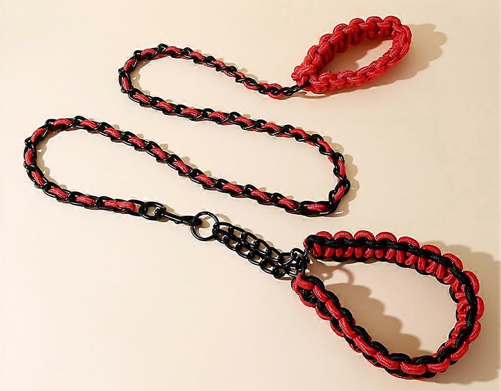 Chew Resistant Dog Leash, Heavy Duty Dog Leash, Metal Pet Chain with Soft Rope Handle for Medium Large Dogs (66 inch), Red, XL