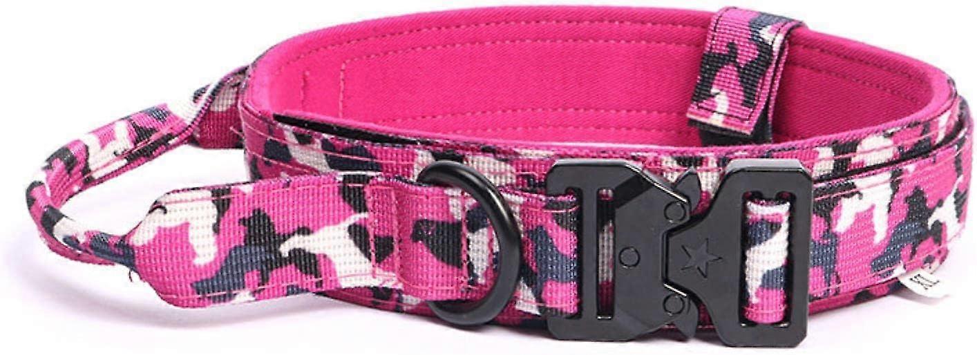 Tactical Nylon Dog Collar with Handle, Robust with Metal Buckle (Pink, M)
