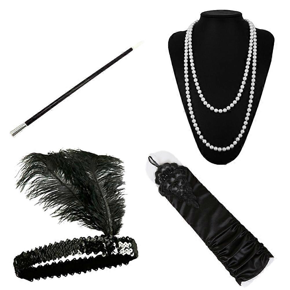 Long Gloves with Holder and Headband Set for Party 4pcs