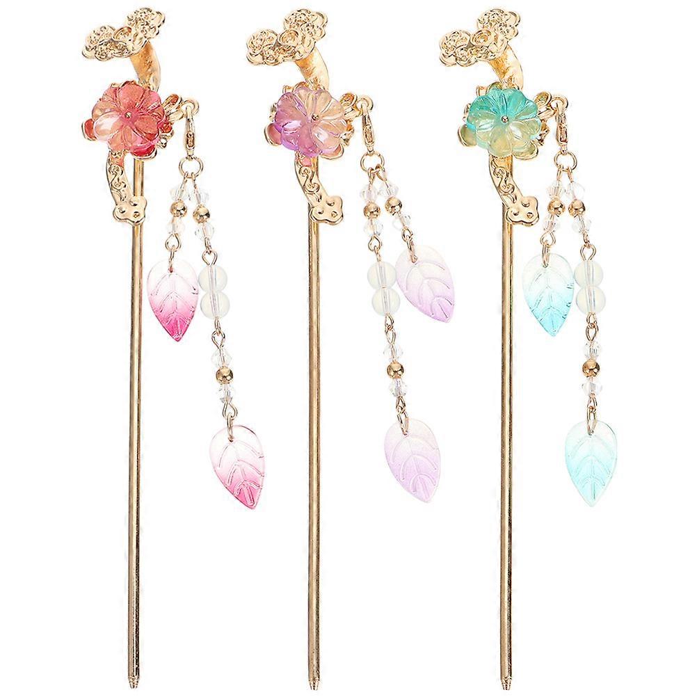 Retro Flower Hair Stick for Women Assorted Color Elegant Alloy Hairstyle Decoration with Tassel 3Pcs