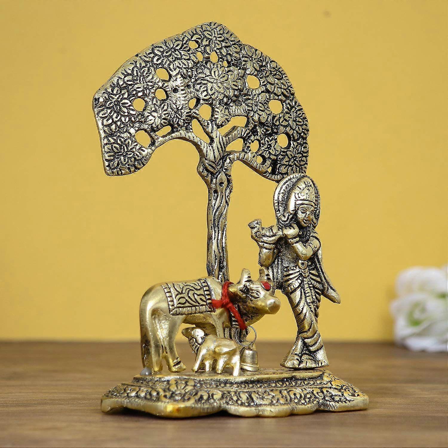 Lord Krishna Playing Flute Under Tree with Golden Cow and Calf Showpiece