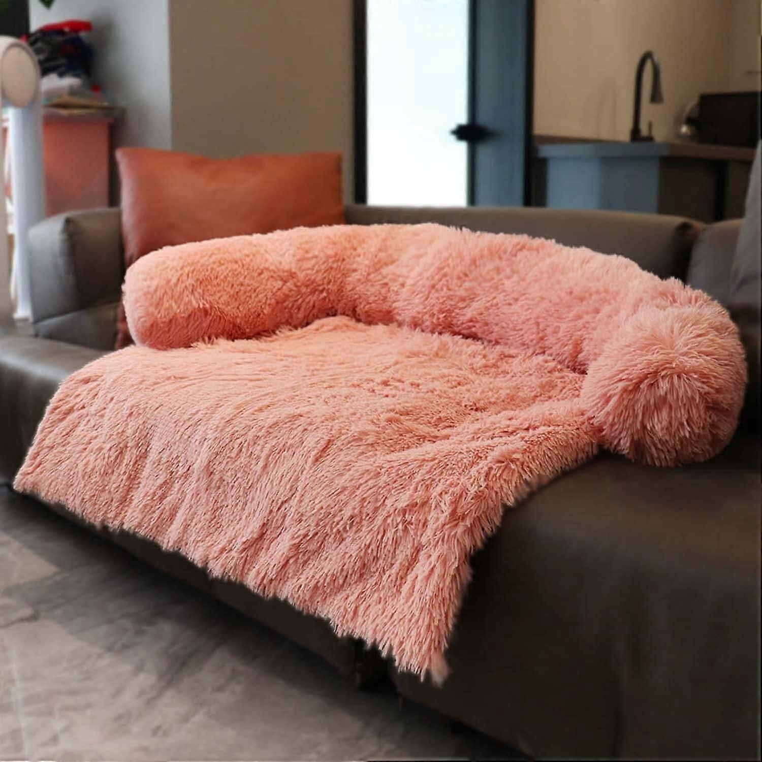 Calming Plush Dog Bed, Luxury Dog Mat Sofa, Fur Cat Sofa, Pet Couch Protector, Washable, Soft (Pink, M)