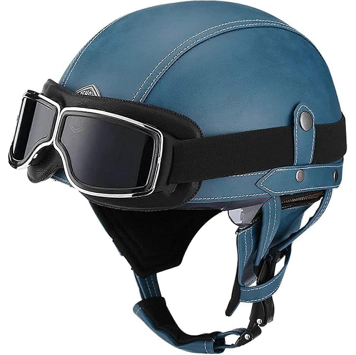 Vintage motorcycle helmet with open face, retro half helmet with goggles, DOT/ECE certification.