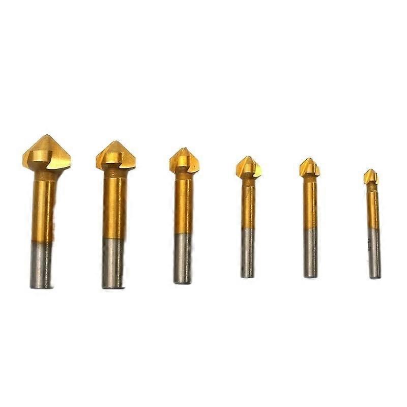 6-Piece 3-Flute 90-Degree HSS Chamfer Cutter Set With Round Shank, Countersink Drill, 6.3–20.5 mm, Silver/Golden