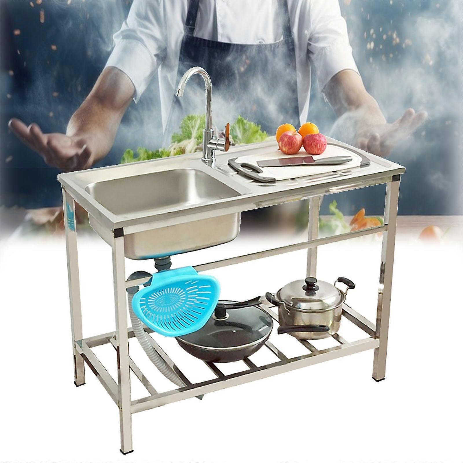 Commercial Stainless Steel Utility Sink With Faucet, 1 Bowl, Workstation, Storage Shelf, 75x40xH75 cm, Garage Laundry