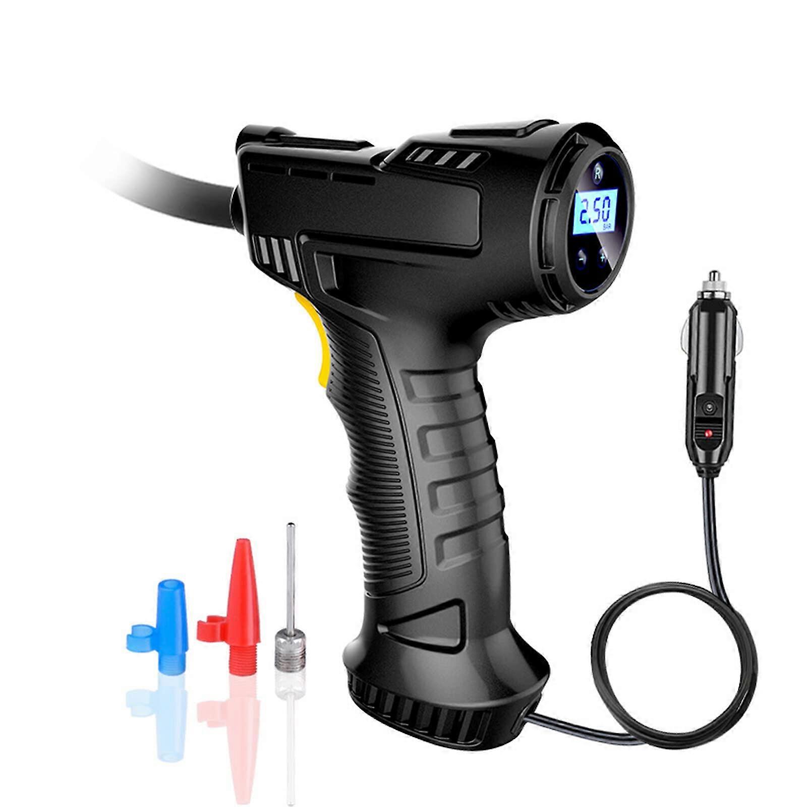 Cordless Tyre Inflator, 12V Portable Air Pump with LCD, LED Light, 3 Nozzles