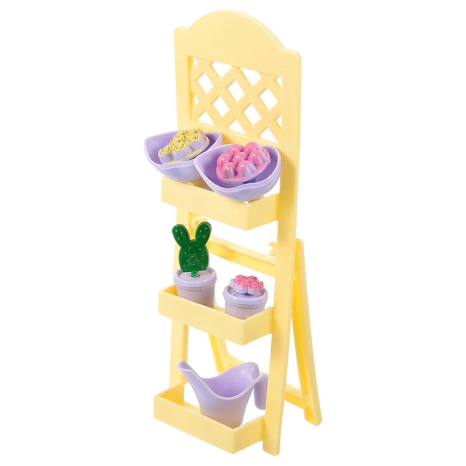 Miniature Flower Stand Mini House Furniture Mini Pot Shelf Plastic Yellow for Decorative Accessory 1 Set