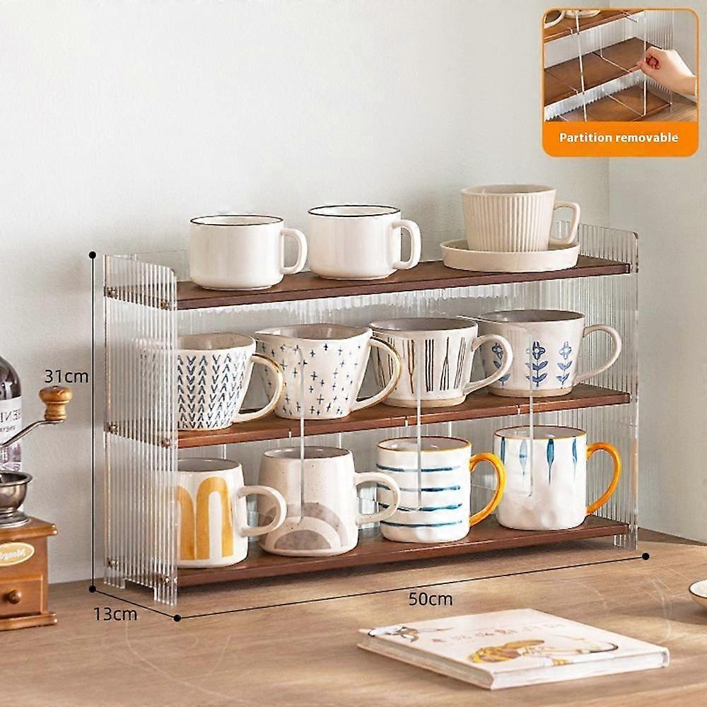 3-Tier 50cm Length Bamboo Cup Storage Rack Transparent Acrylic Organizer Shelf with Removable Divide