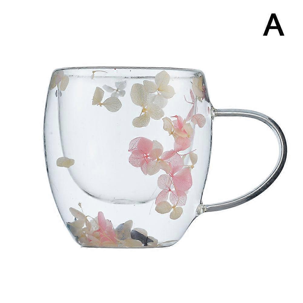 Double Walled Borosilicate Glass Cup with Dried Flower Insulation Elegant 350ml Hand Blown Mug for Hot and Cold Beverages
