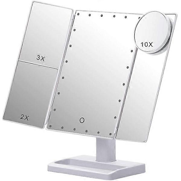 Tri-Fold Makeup Mirror with 22 LED Lights, 10X/3X/2X Magnification Portable Lighted Tabletop Cosmetic Mirror