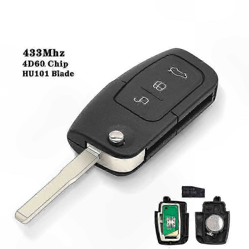 3-Button Remote Key for Ford Focus 3, Mondeo, C-Max, S-Max, Galaxy, Fiesta, HU101 Blade Case, 433MHz Frequency