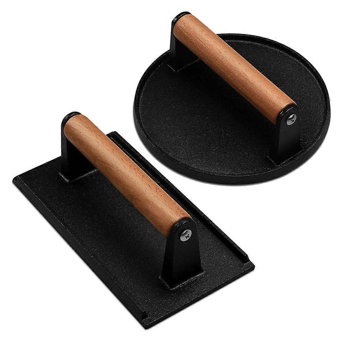 Burger, Heavy-Duty Cast Iron Smash Bacon Meat Meat Steak with Wood Handle for Griddle, Sandwich, No