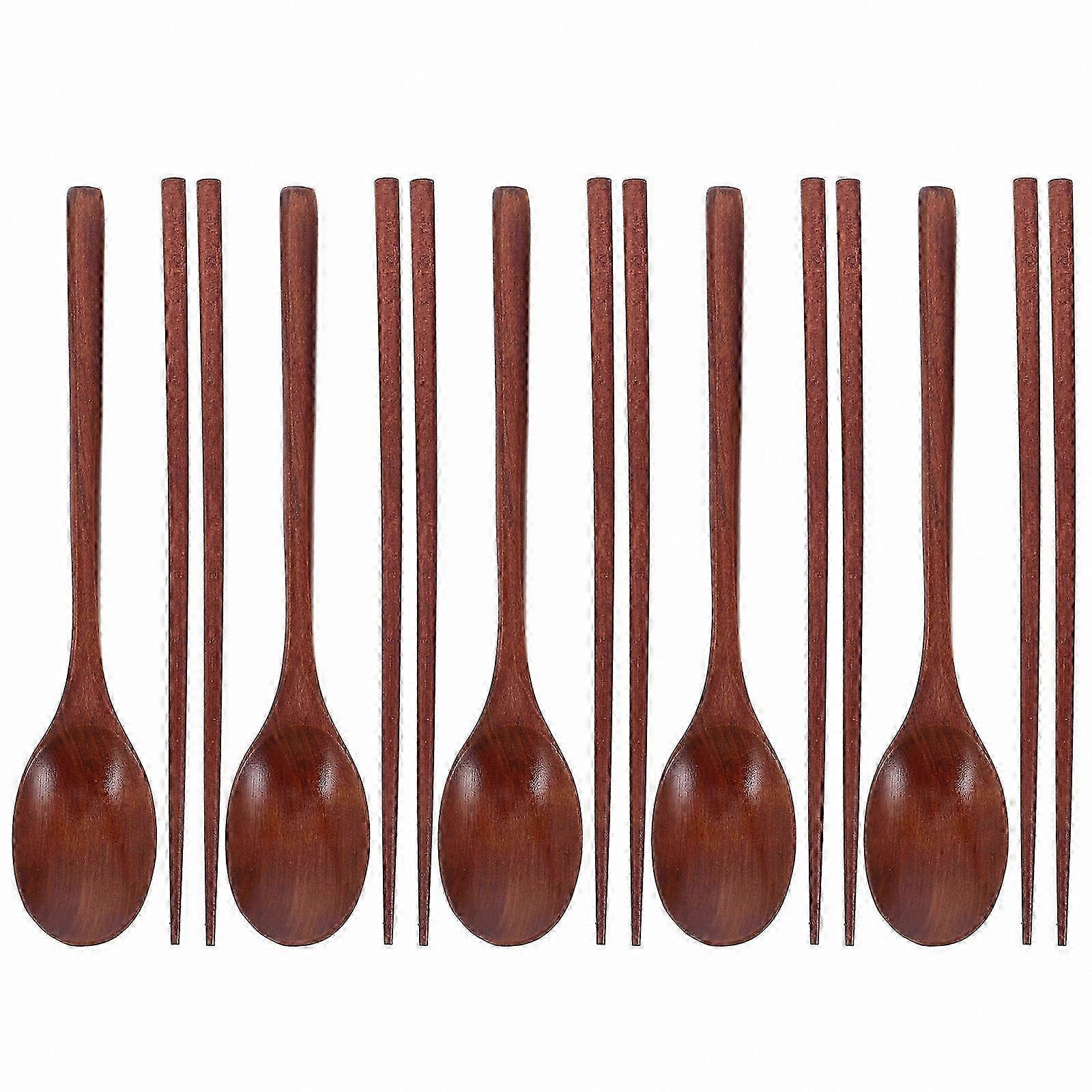 Reusable Wooden Utensil Set with Spoons and Chopsticks for Lunch Boxes and Travel Non-Slip Portable 5-Pack
