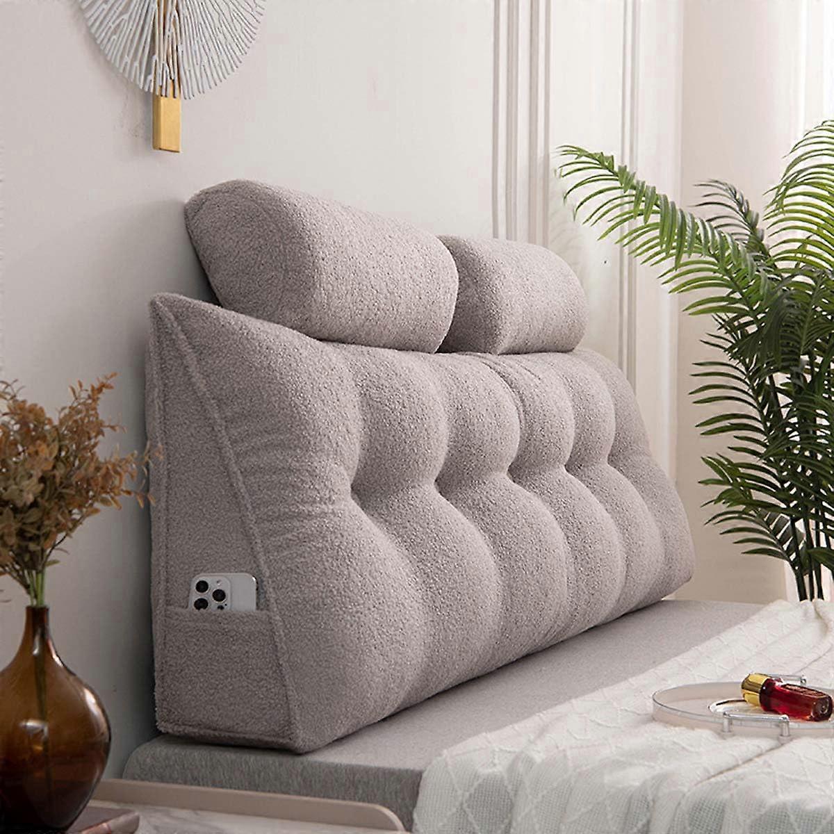 Large Wedge Pillows With Neck Roll, Triangular Headboard Reading Pillow, 150x50x20 cm, Gray, Lumbar Back Support Cushion
