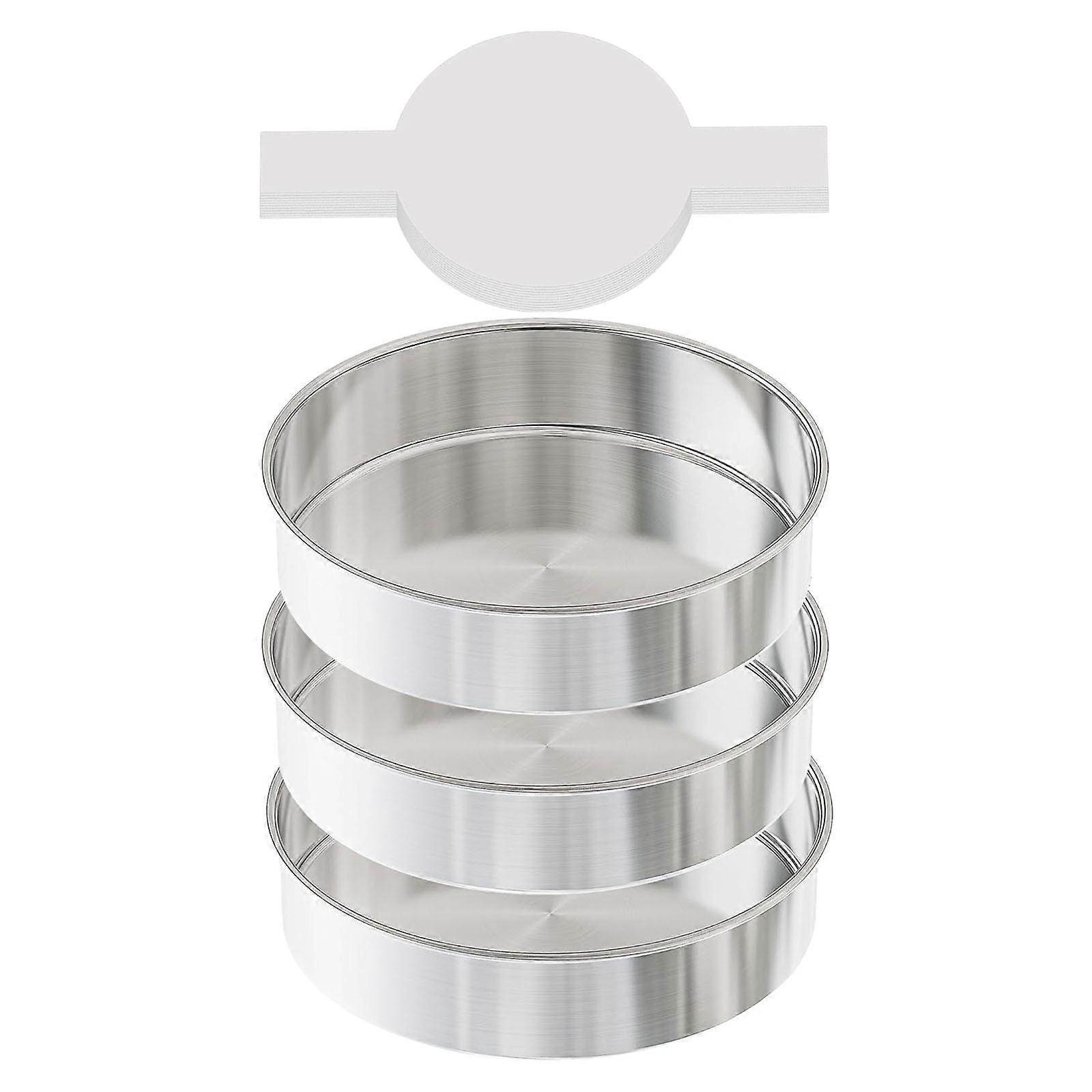 Nonrust Steel 8inch Baking Pan Set of 3 Commercial Quality Cake Molds Includes 100 Precuts Parchment Sheets for Easy Releases Multicolor