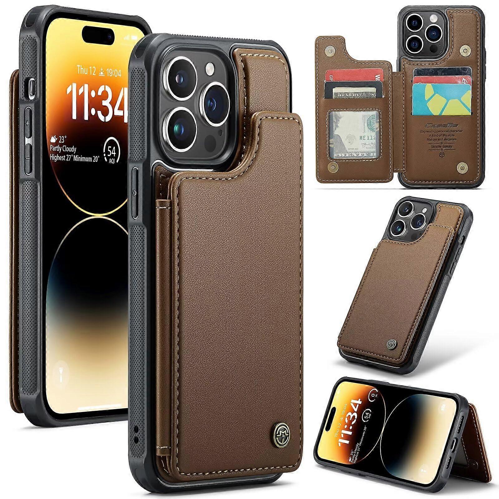 Wallet Case, PU Leather Card Holder, Kickstand, Double Magnetic Clasp, Shockproof, Brown