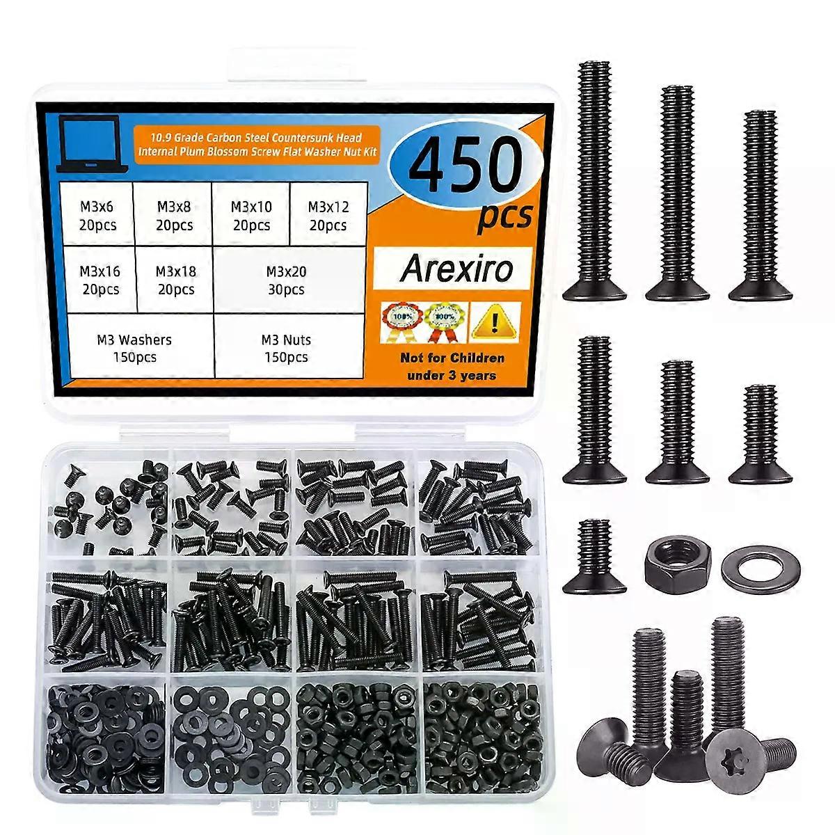 450Pcs M3 Bolts and Nuts Set, M3 Countersunk Screw Nuts and Bolts Set with Washers Flat Head Machine Screws Assortment Kit