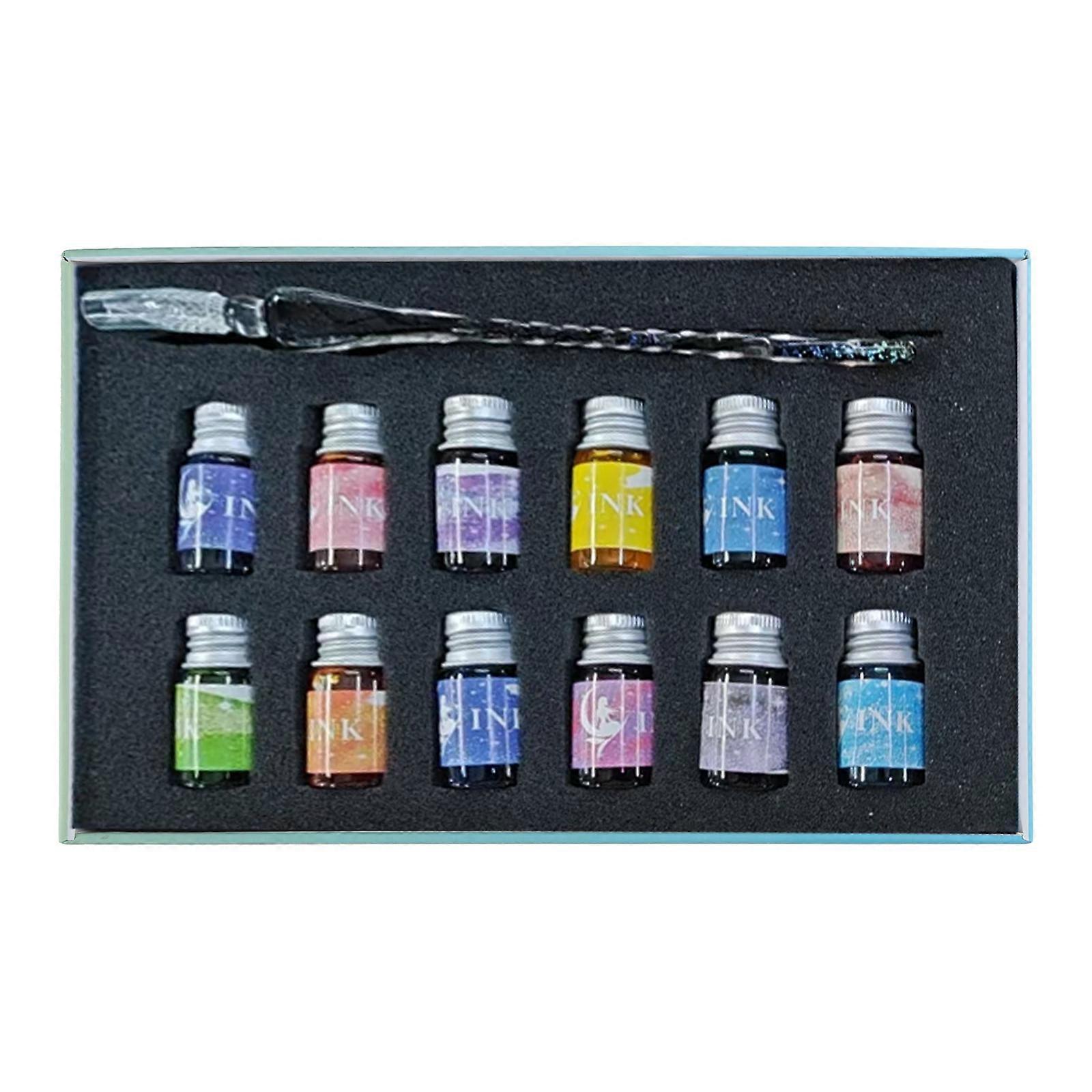 Gothic Calligraphy Pen Set with 12 Colorful Ink Bottles Dip Pen Gift Stationery Set for Beginner Children Students Multicolor