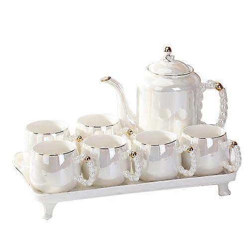 Elegant White Porcelain Tea Set with Teapot and Cups, Pearl Handle, Durable for Coffee and Tea