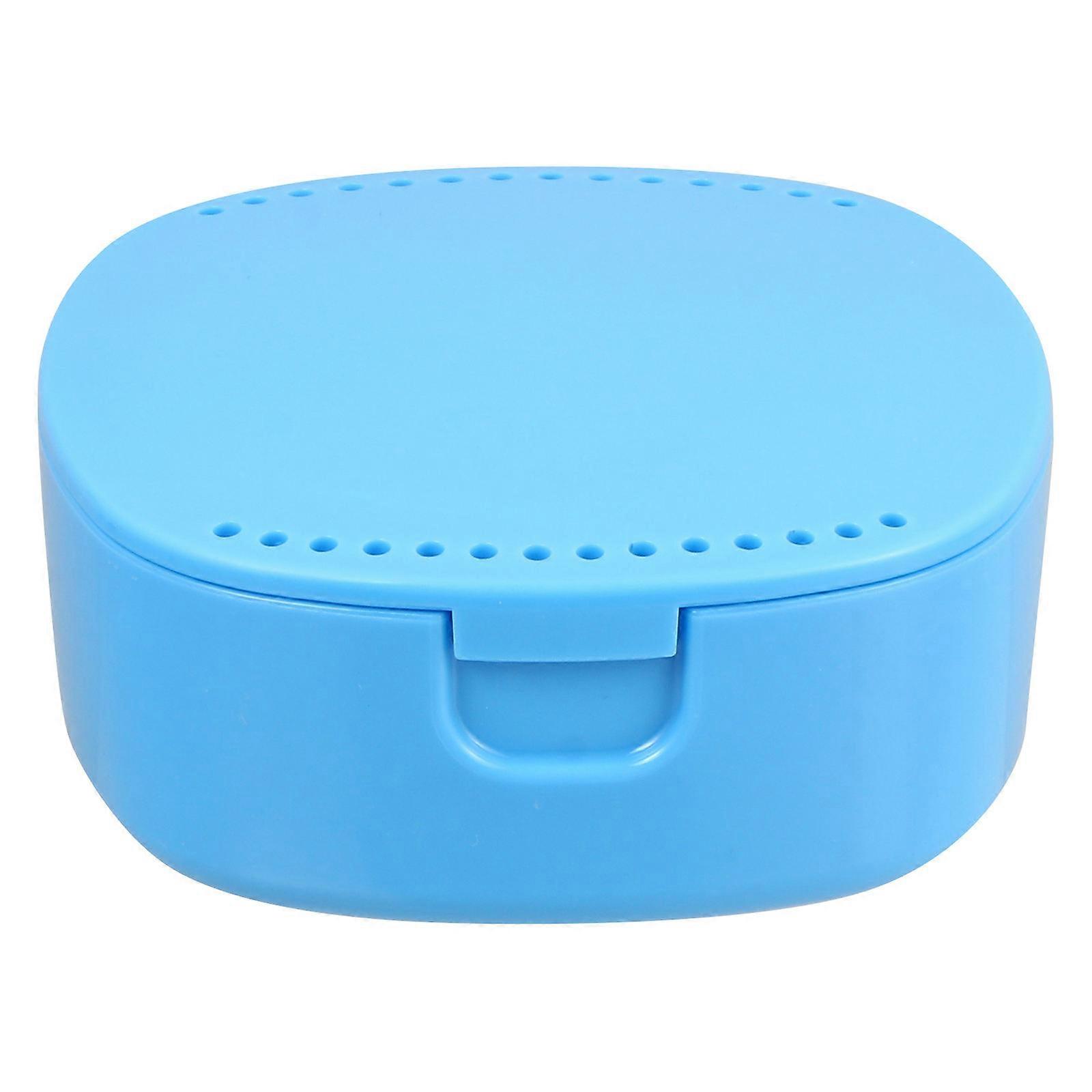 Denture Retainer Case for Storage with Built-in Mirror Blue Plastic