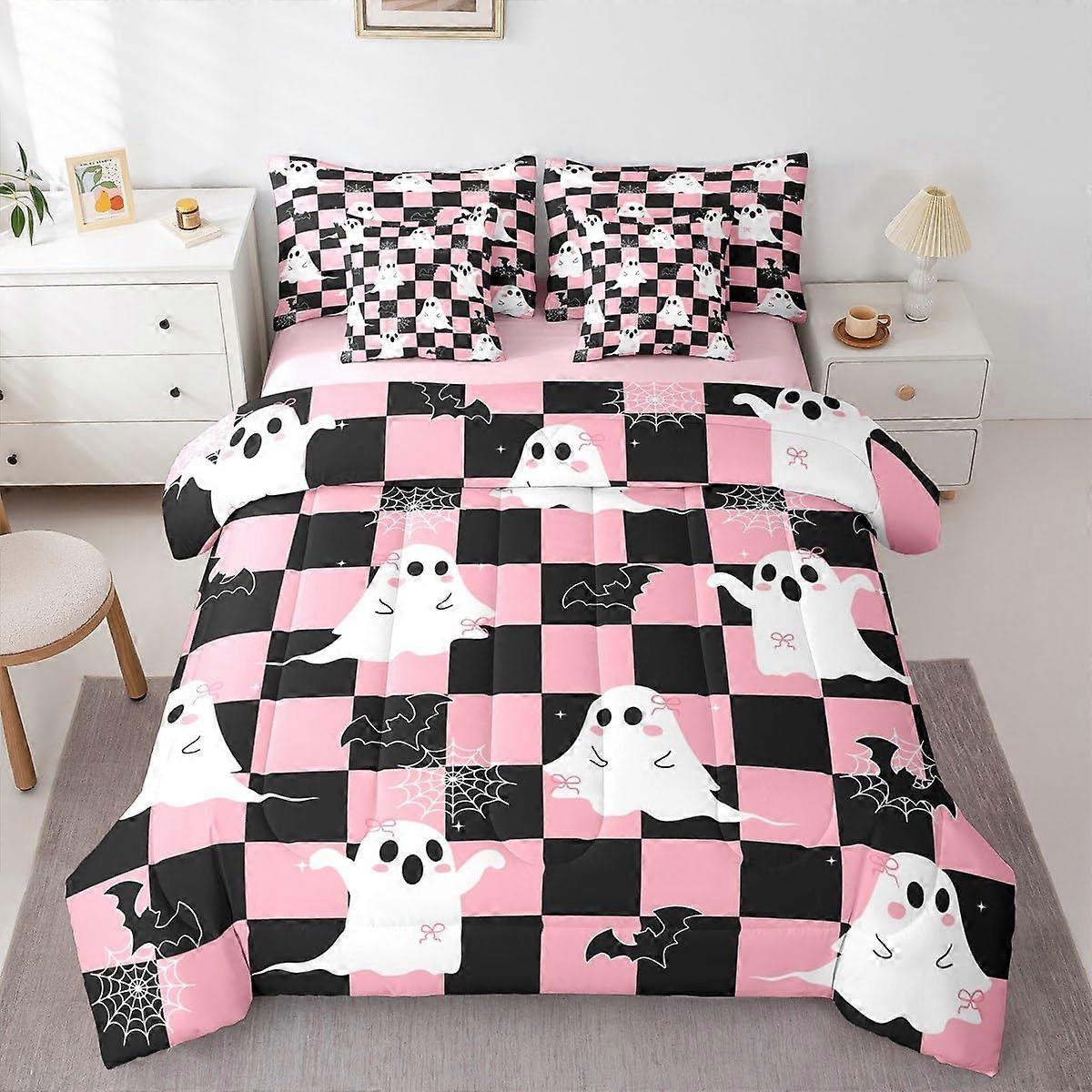 Twin Bed in a Bag Black Pink Halloween Bedding Set with Sheets Gothic Spider Web Bat Design