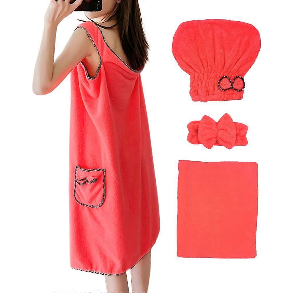Bath Wrap for Women 4pcs Set with Hair Wrap and Pocket, Adjustable Button Closure, Soft Fabric