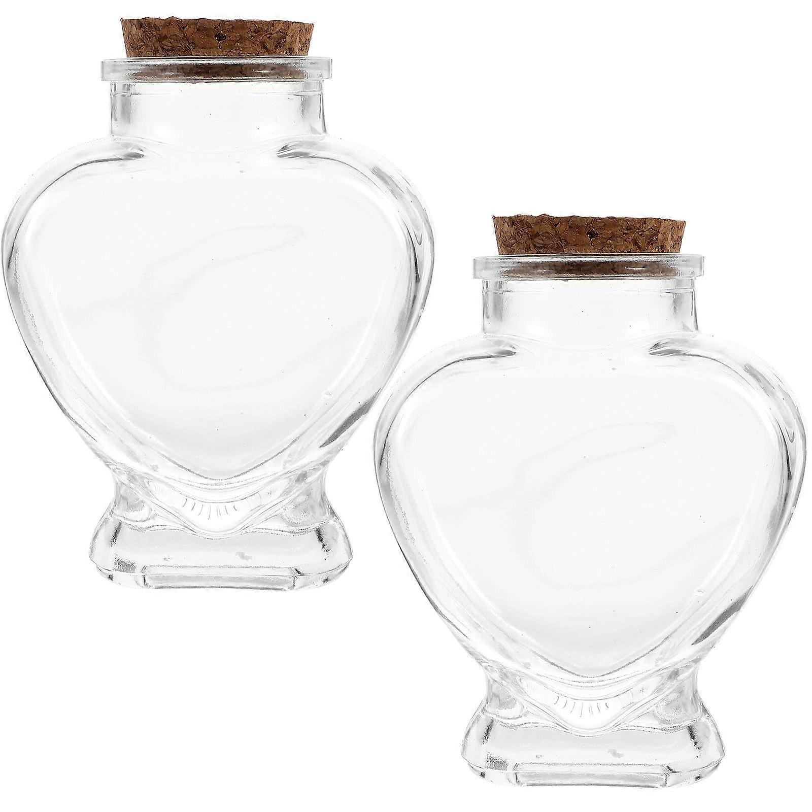 2pcs Transparent Heart Shaped Glass Bottles with Cork Lids for Crafts and Gift Storage