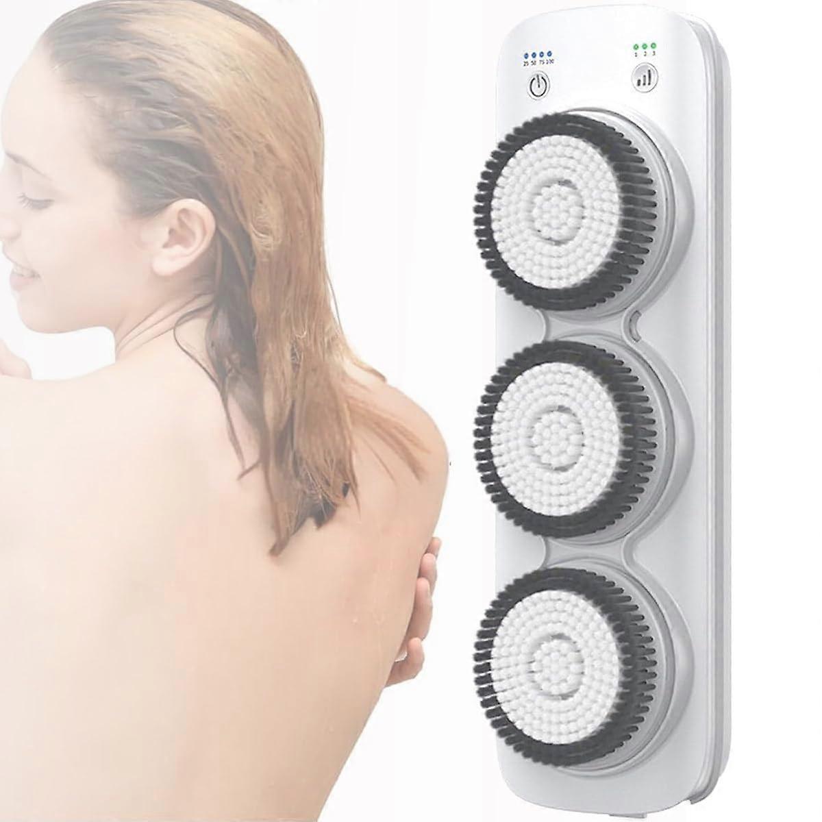 Wall Mounted Electric Back Scrubber with Adjustable Height, 3 Brush Heads, IPX7 Waterproof