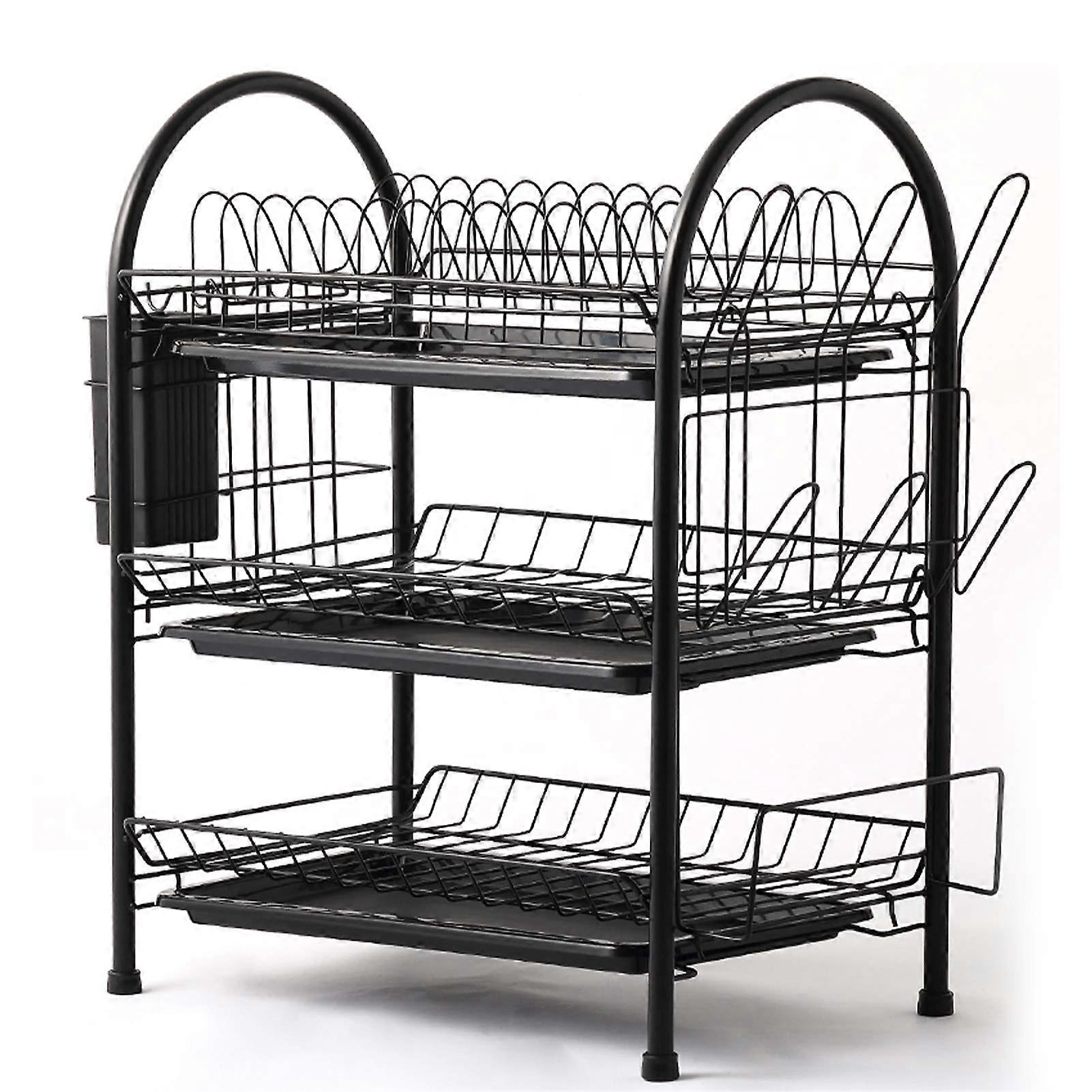 3 Tier Dish Drying Rack with Drain Board, Large Capacity Rustproof Steel Kitchen Counter Organizer