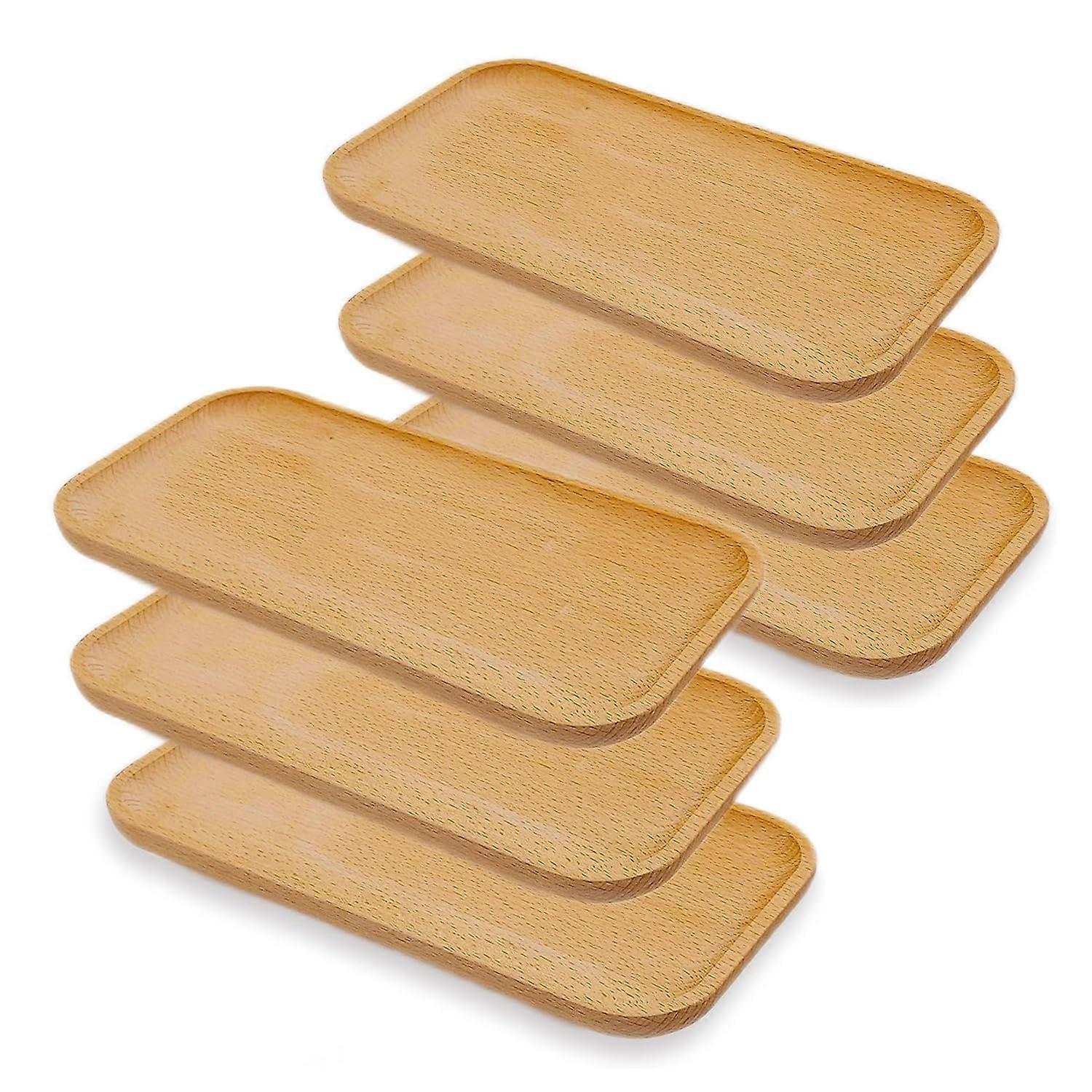 6 Pack Rectangular Solid Wood Serving Platters with Raised Edge, Durable and Dishwasher Safe Plates