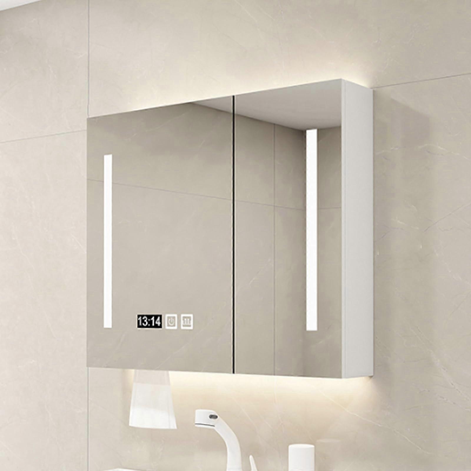 Solid Wood Bathroom Mirror Cabinet with LED Lights, AntiFog, Clock, Storage and Tissue Holder