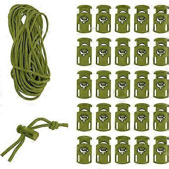 Olijfgroen elastisch koord en plastic koordstoppers voor elastische trekkoordclips - Bungee-koord en veerklemmen voor schoenveters.