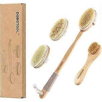 Dry Brushing Set - Natural Boar Bristle Body & Face Brush, Wooden Long Handle Scrub Brush for Cellulite & Lymphatic Drainage Body Care, Detachable, 3