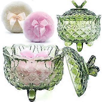 4" Glass Dusting Powder Container with 2 Fluffy Puffs,Cute 3.5" Soft Body Puff and Jar Set(Butterfly-olive green)