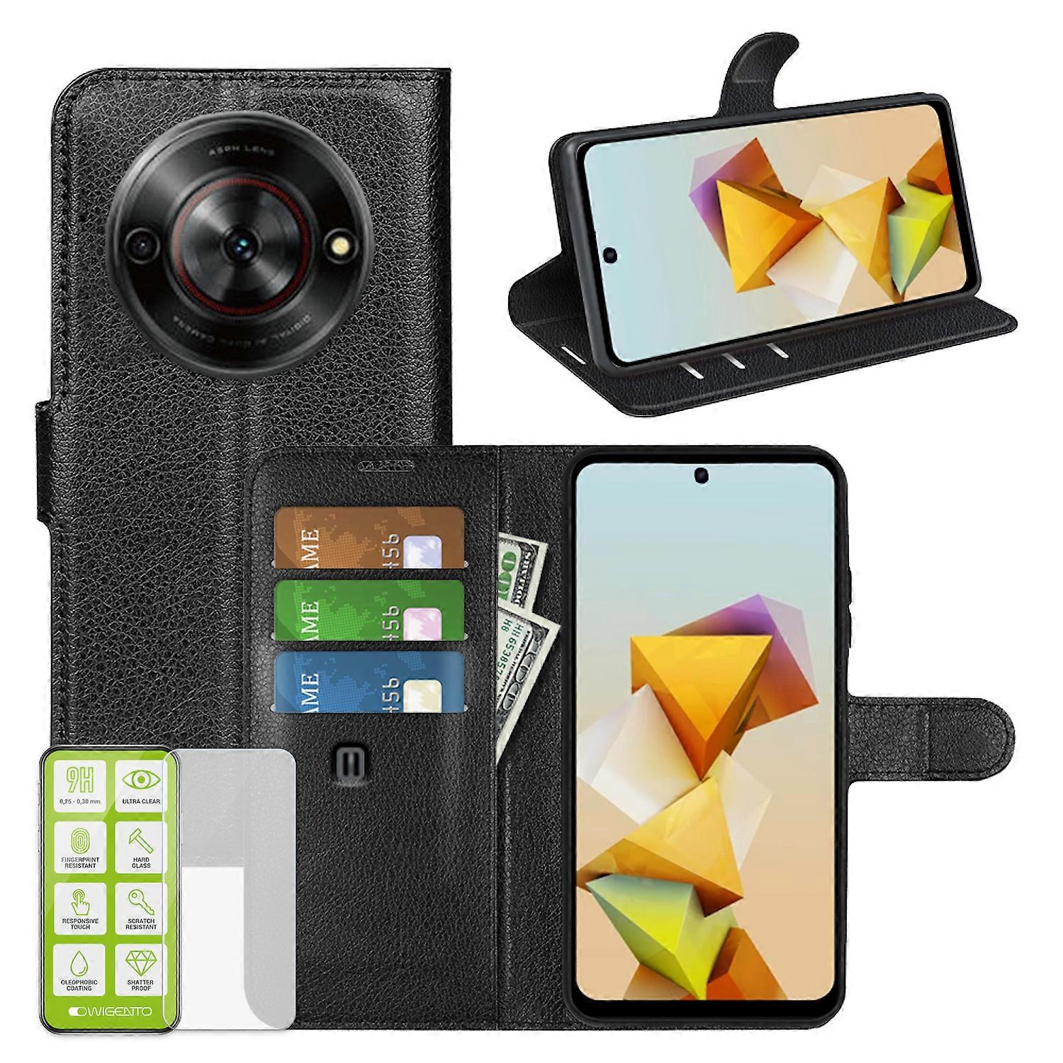 For ZTE Blade A75 5G Faux Leather Book Wallet Case Bag Black + H9 Tempered Glass