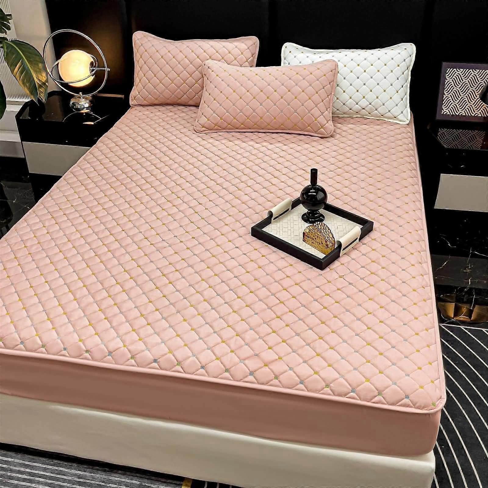 Super King Fitted Sheet Pink Checkered Deep Pocket Polyester Bed Cover Soft Full Coverage