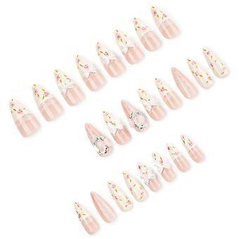 Party Fake Nail 24Piece Press On Nail Set, Long Almond French Styles with Pink White Color, Lace Bows and Flower Art Detail Multicolor