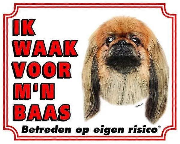 Sticker King Pekingese Warning Sign - I Watch Out For My Boss Brown