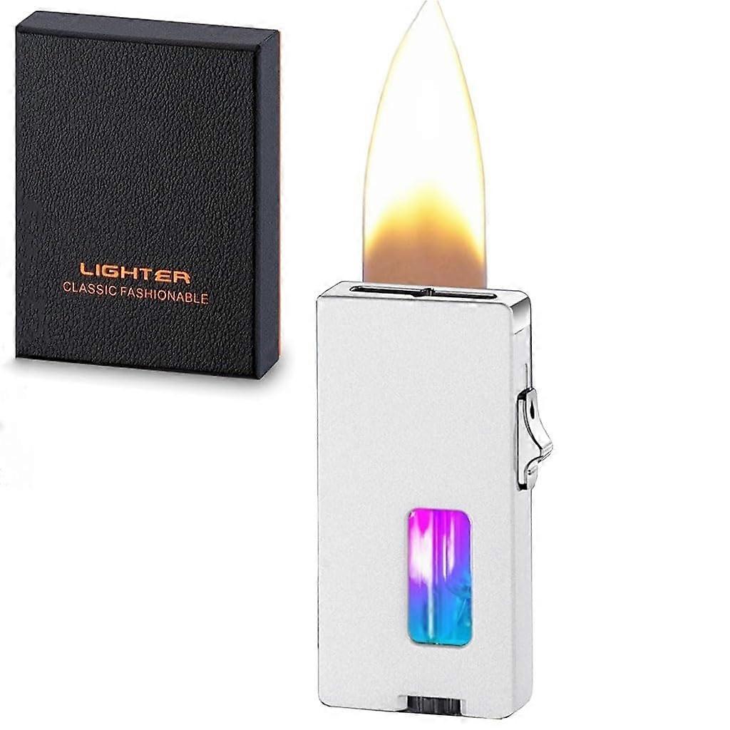 Refillable Butane Torch Lighter with GravitySensing Ignition, Adjustable Soft Flame, Safety Lock, Silver