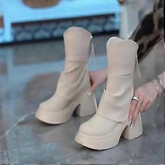 Scarpe autunnali da donna, stivaletti corti in pelle da donna, stivaletti con punta tonda e tacco grosso, stivaletti con cerniera e tacco a piattaforma da donna