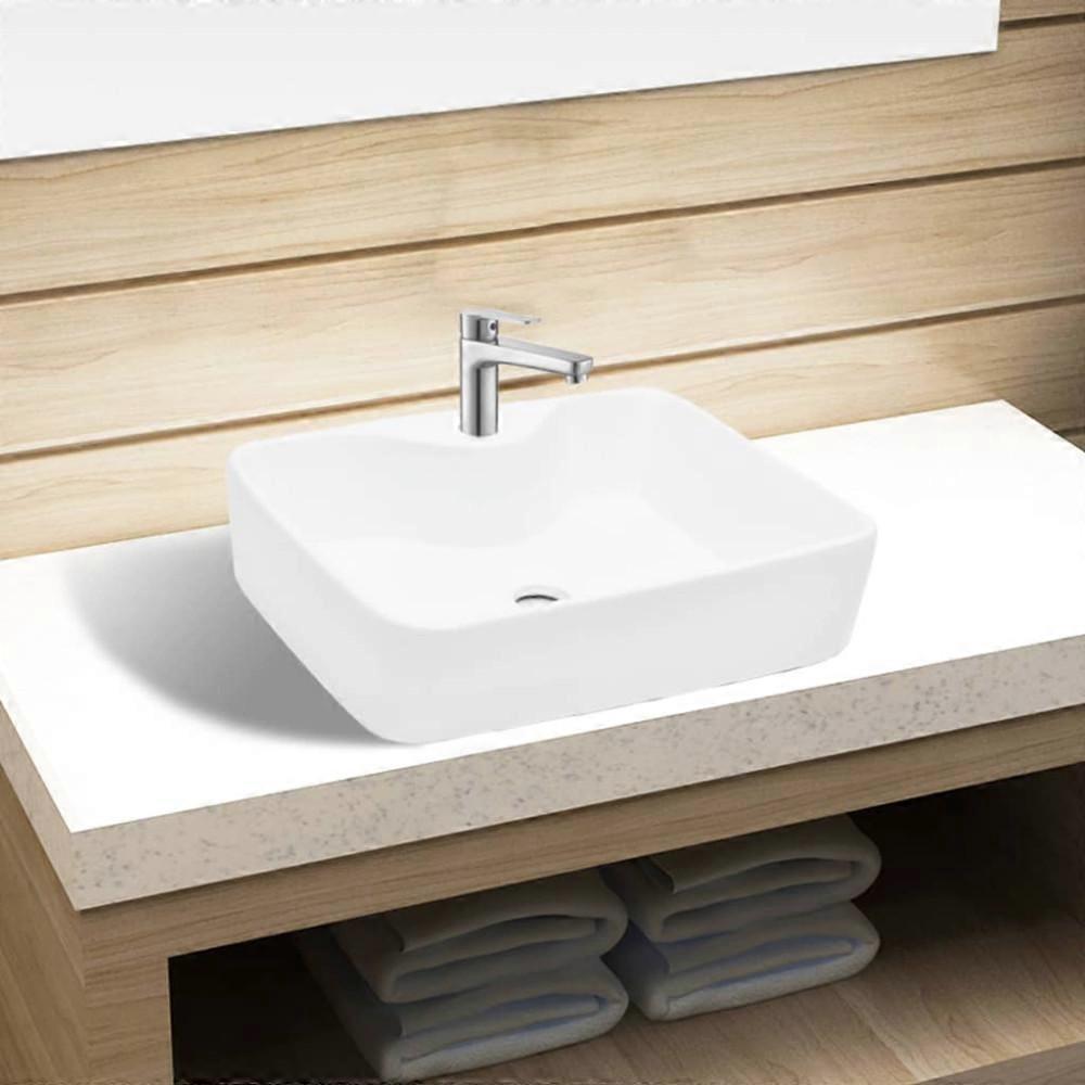 Square ceramic sink with tap hole, white