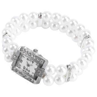 Vrouwen tweerijige parel en strass versierde armband Wirst horloge (wit)