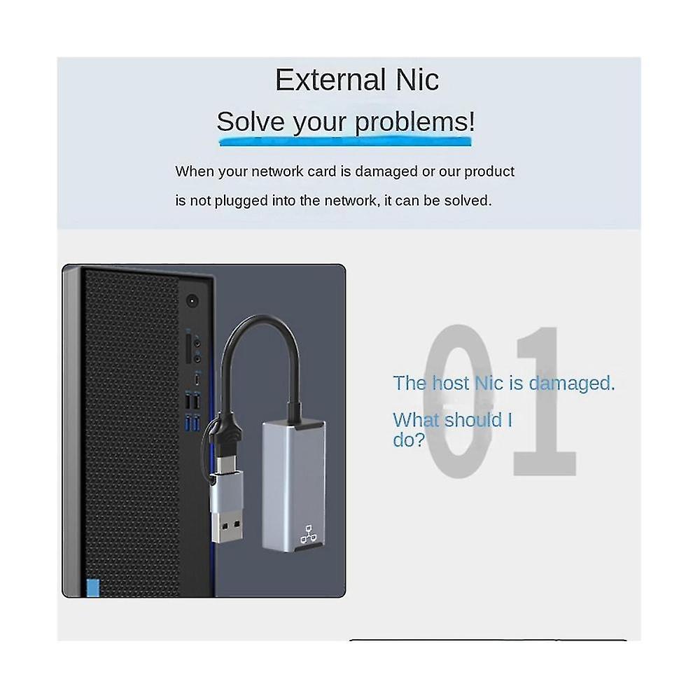 Dual-Heading-USB-Typ-C-Ethernet-Adapter Netzwerkkarte Usb Typ-C auf RJ45 1000 Mbit / s Netzwerkadapter für