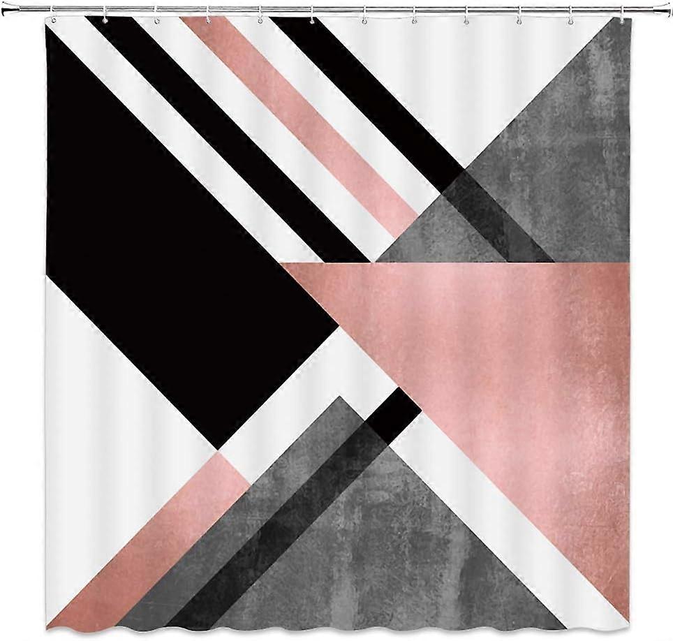 Abstract Geometric Shower Curtain Pink Black White Geometry Triangle Striped Pattern Tile Marble Lines Modern Art Design Creative Unique Fabric Bathro