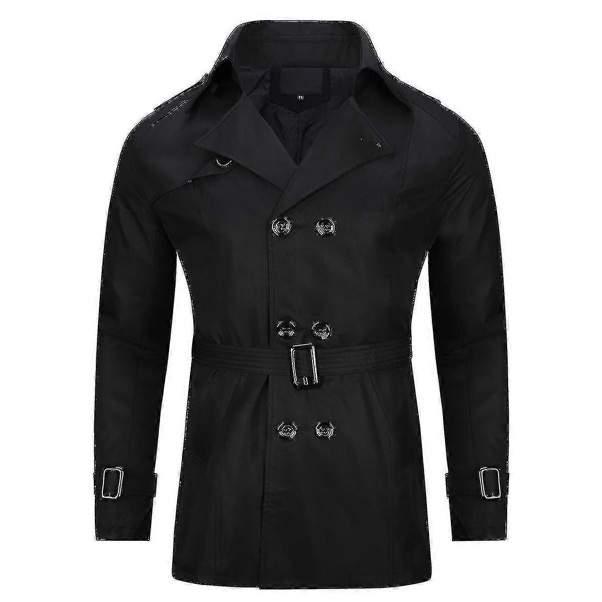 Mens Double-breasted Solid Lapel Trench Coat
