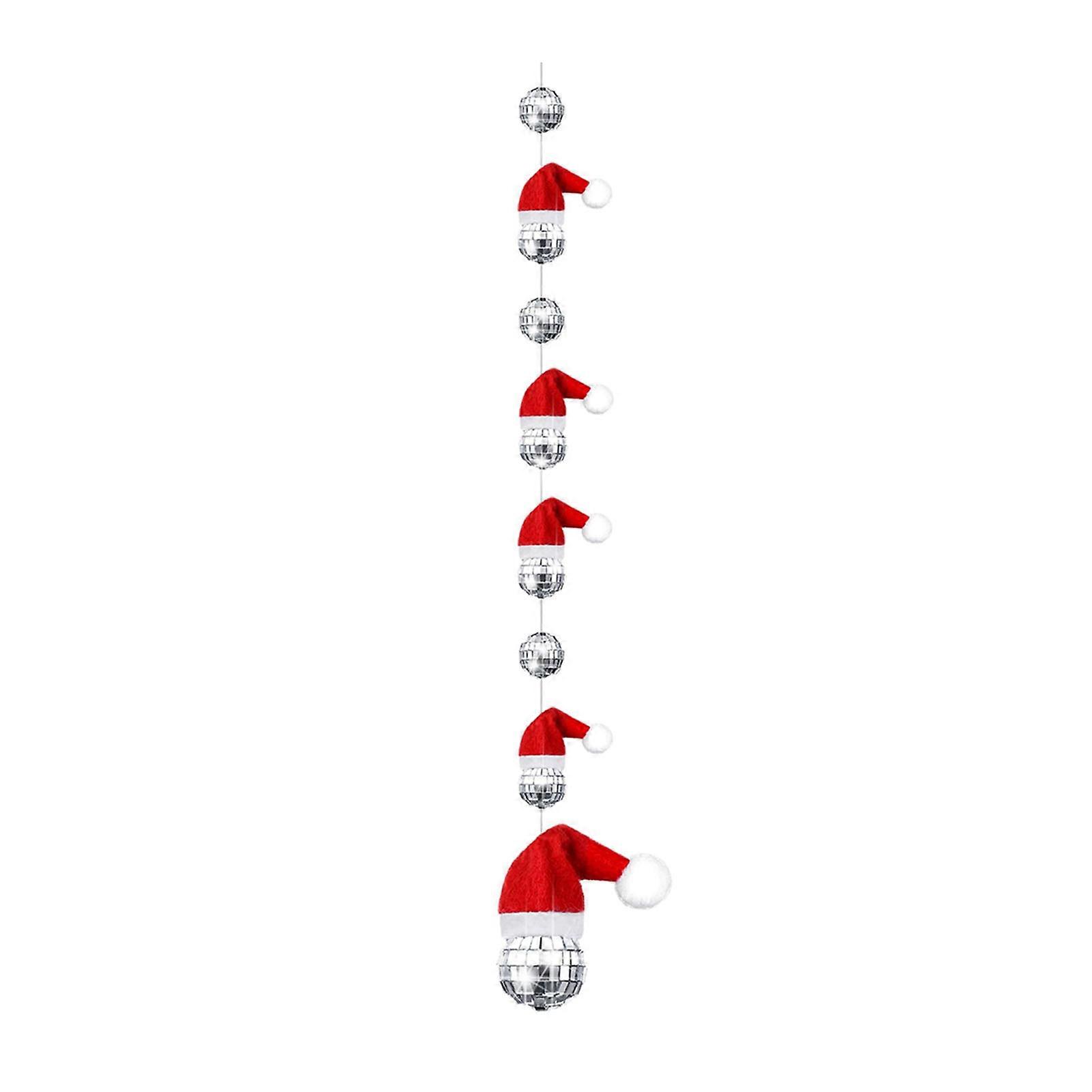 1 String Christmas Hanging Disco Ball Decorations Reflective Mirror Disco Ball Ornaments with Mini Santa Hats Xmas Tree Party Decor