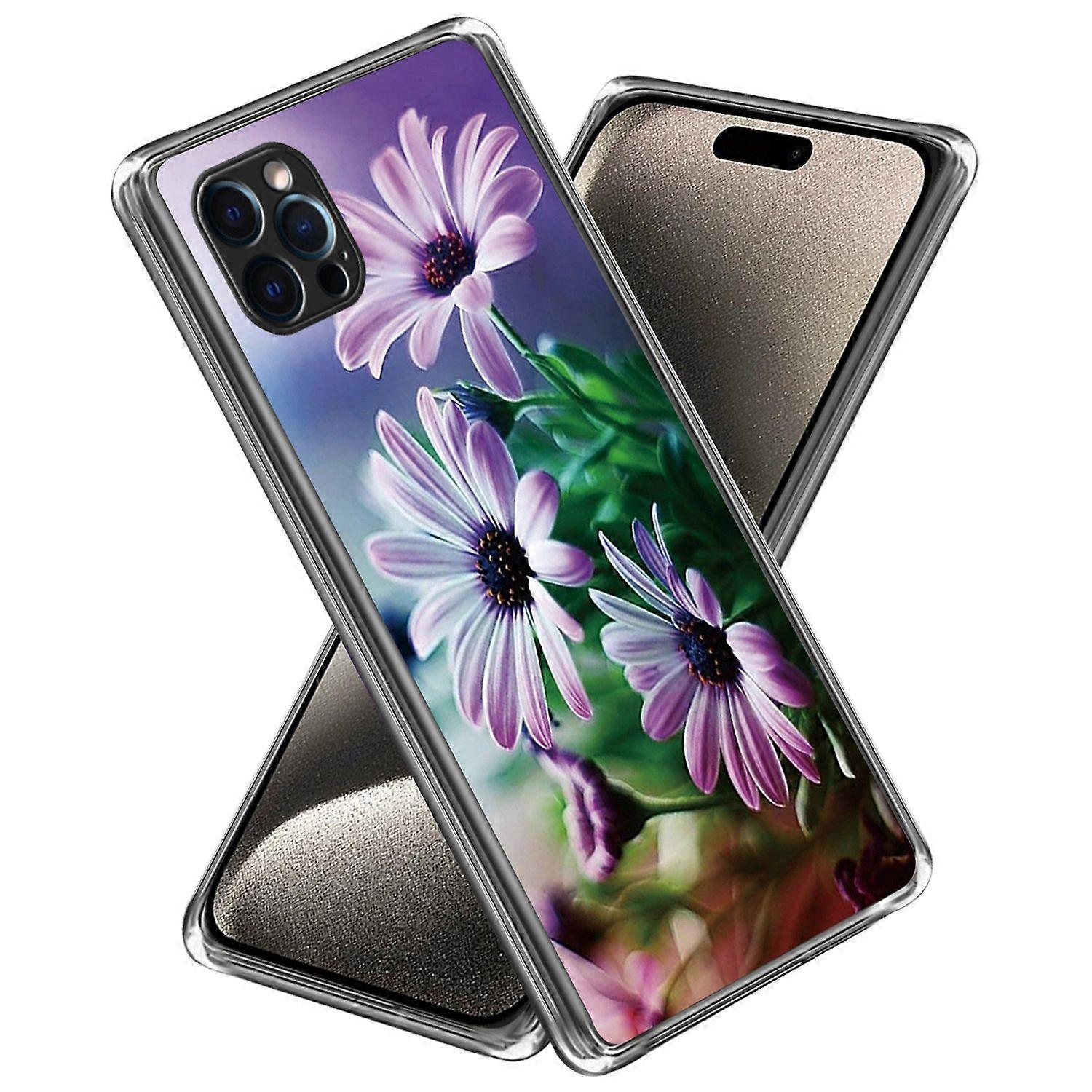 For iPhone 16 Pro Max Case Pattern Printed Shockproof TPU Phone Cover - Purple Chrysanthemum