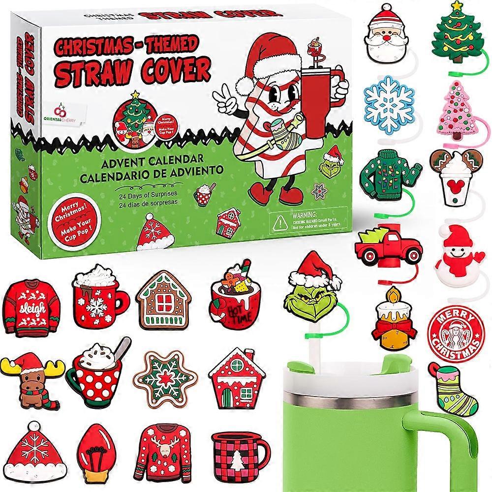 Straw Toppers Advent Calendar 2024 Christmas Countdown 24 Days Straw Cover Caps Funny Gift
